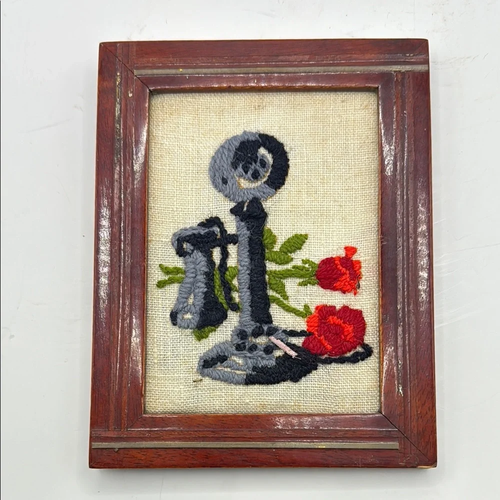 Vintage Embroidered Stitched Telephone Floral Rose Art Picture Frame Art Decor